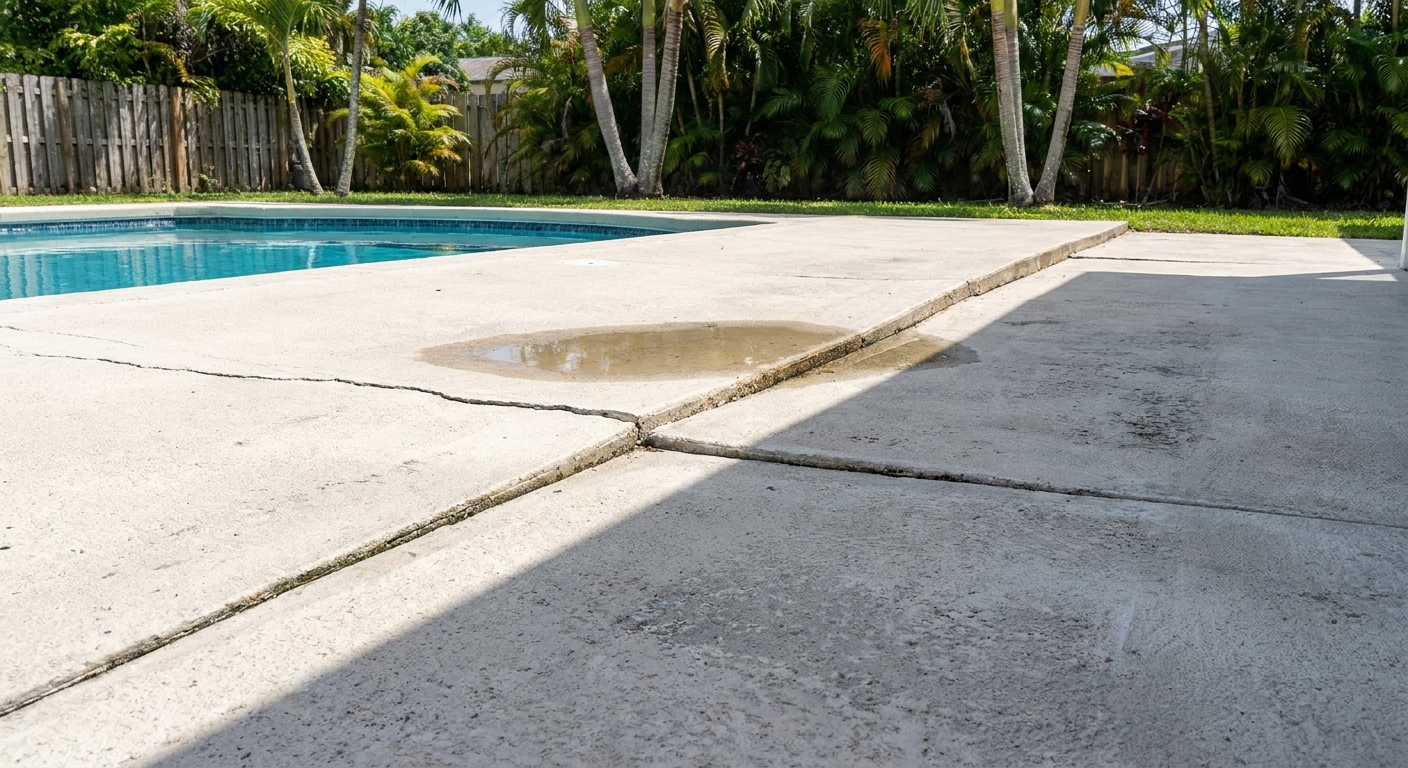 Example of uneven pool deck area with cracks, gaps, and loose pavers in Palm Beach County