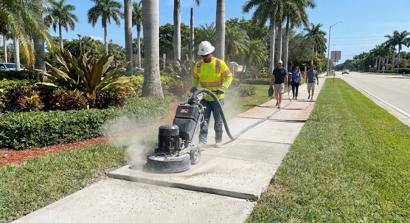 Concrete grinding improves walkway safety in Palm Beach County by reducing trip hazards and preventing accidents.