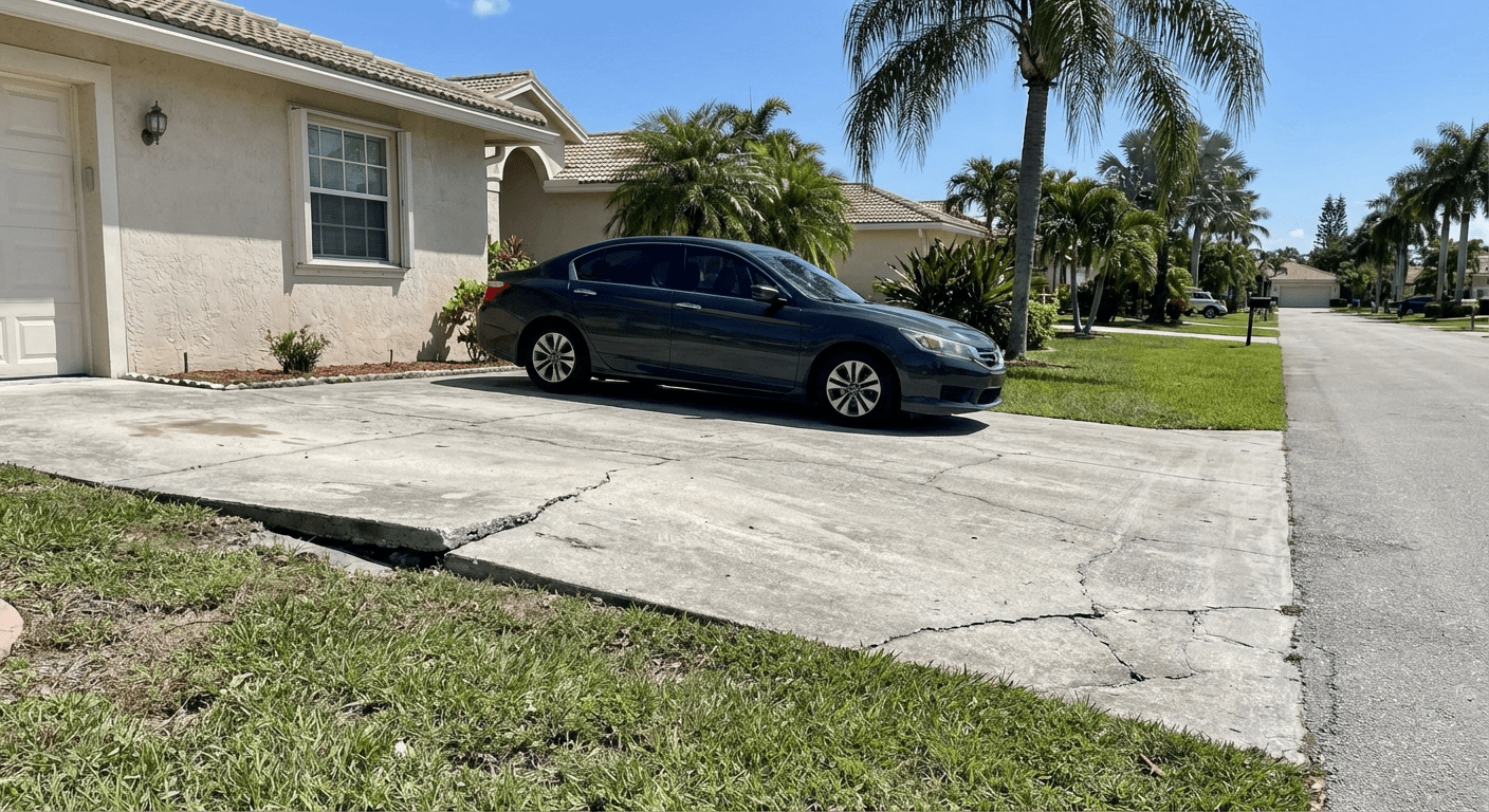 Sinking concrete driveway in Palm Beach County showing cracks and uneven surface