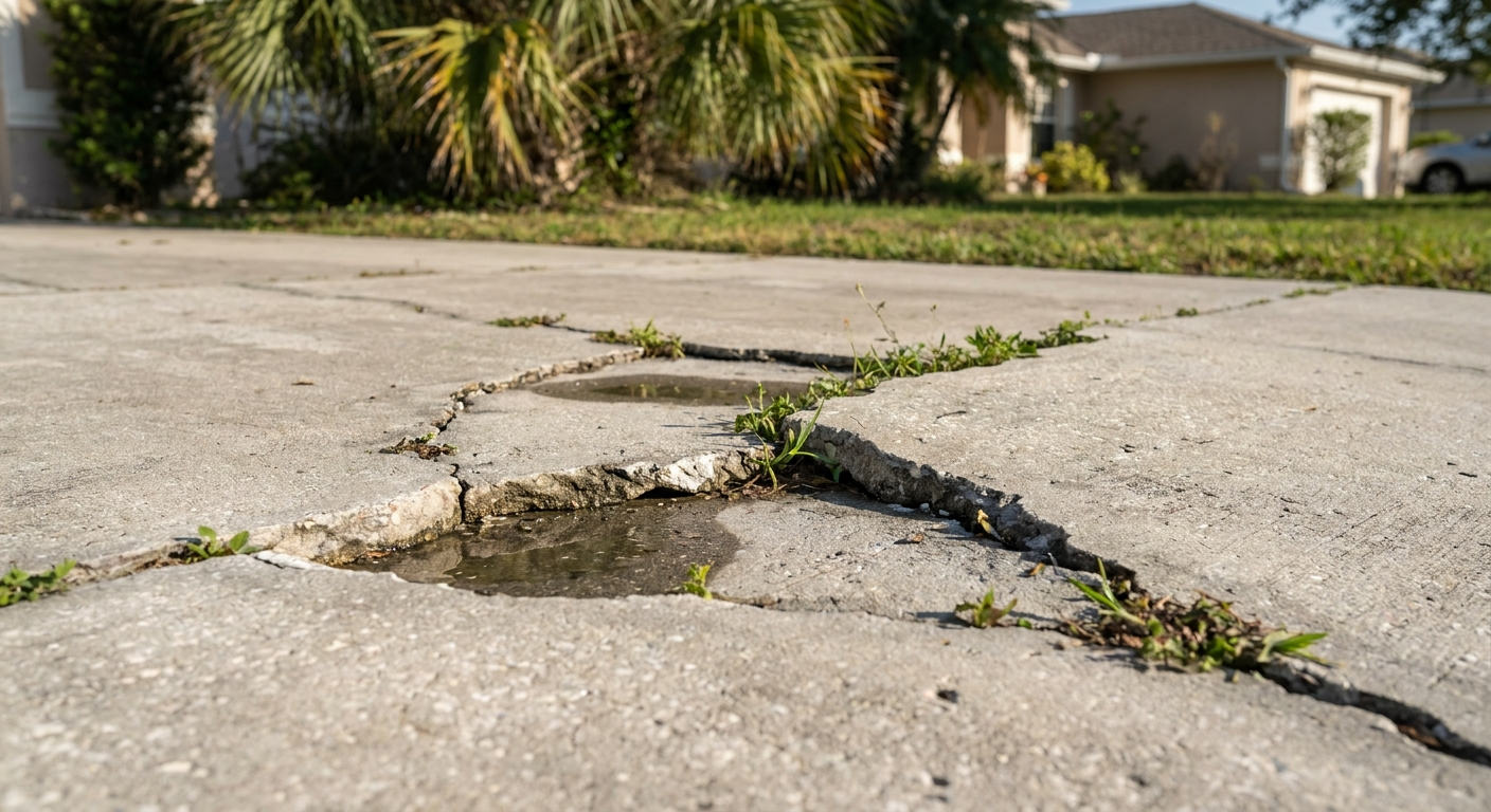 Worsening small driveway cracks in Palm Beach County with visible damage and hazards