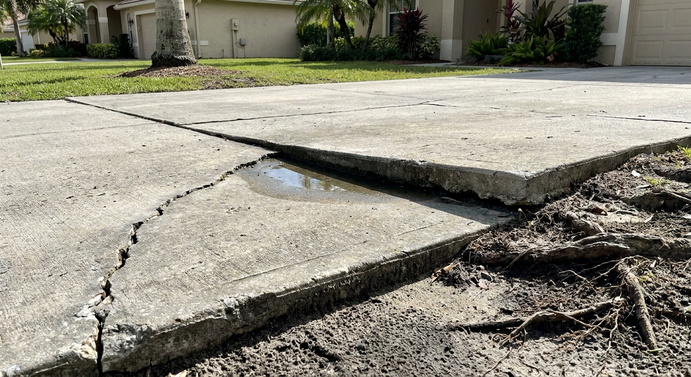 Uneven concrete in Palm Beach County caused by soil movement, water erosion, and root growth