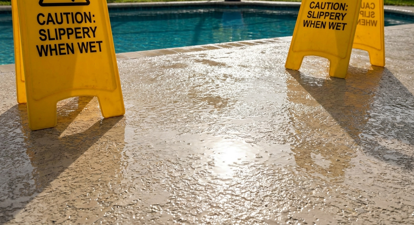 Slippery pool deck in Palm Beach County showing safety hazard