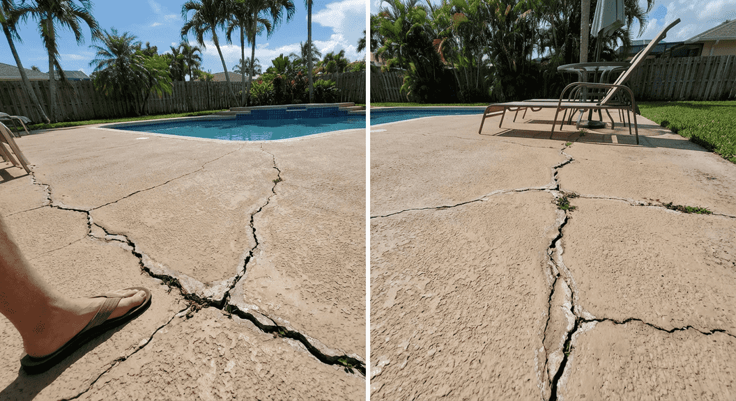 Worsening cracks in Palm Beach County pool deck showing structural damage and water infiltration